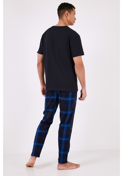 Buratti Ekoseli Pamuklu Regular Fit Kısa Kollu Erkek Pijama Takımı 6572006 Lacivert-Saks