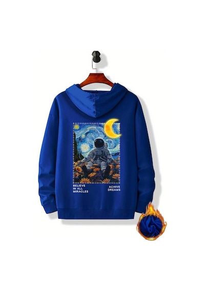Medinenur Astronot Arka Baskılı Kapüşonlu Sweatshirt Mavi