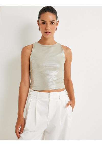 Koton Parlak Halter Yaka Crop Üst Kolsuz Yuvarlak Yaka Slim Fit Haki 4sak10336ek