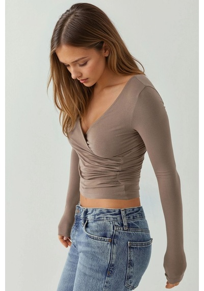 Hiccup Yumuşak Dokulu Slim Fit V Yaka Uzun Kollu Üst Kunduz Kahverengisi