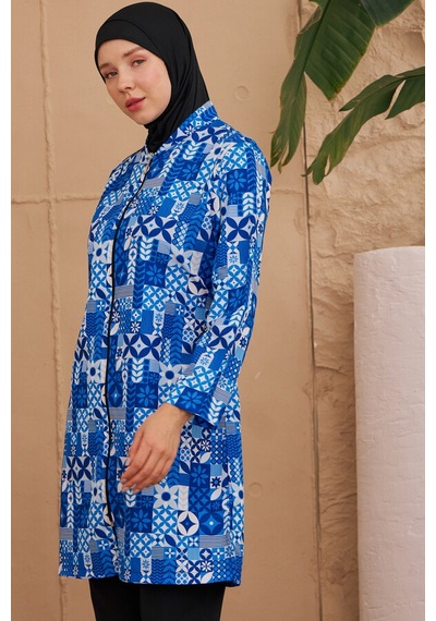 Hmm Swimwear Paraşüt Tam Kapalı Tesettür Mayo Desenli Dokuma 2224-189 Siyah