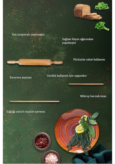 Zümrüt Serisi 3 Lü Ahşap Dönerli Hamur Açma Oklavası Merdanesi