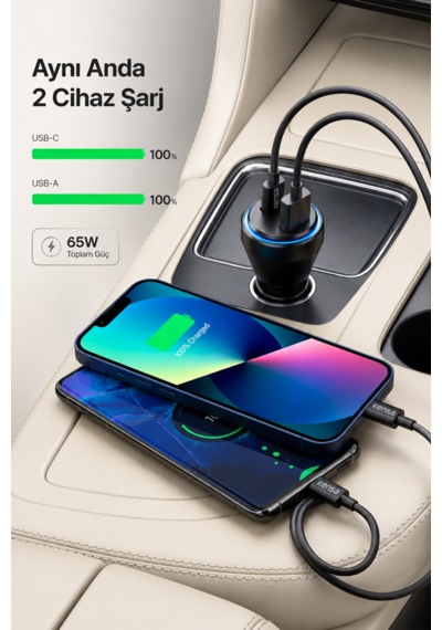 Kensa 65w Çift Portlu Hızlı Araç Şarj Aleti + Usb-c To Usb-c Şarj Kablosu Seti 65w Araç Şarj Cihazı