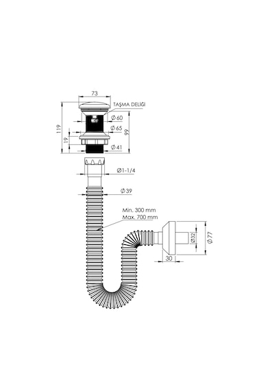 Yapıtaşı Yt654 Seramik Başlıklı Taşmalı Bas Aç Lavabo Gider Sifonu Parlak Siyah