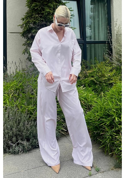 Madmext Pembe Uzun Kollu Çizgili Gömlek Pantolon İkili Takım Mg2124-pembe Pembe