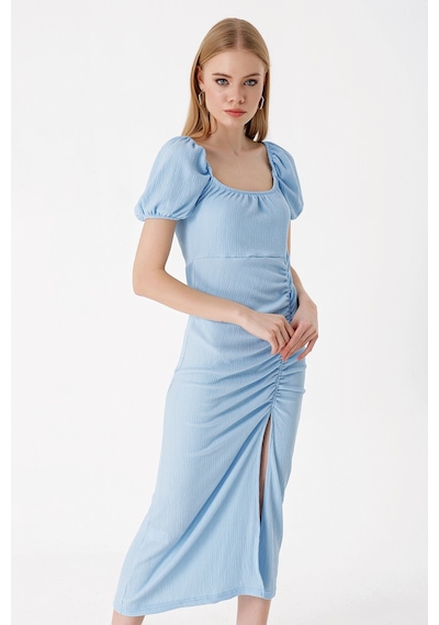 Bigdart 2396 Yırtmaçlı Yazlık Örme Elbise - Mavi 001