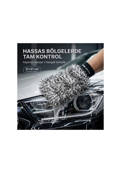Peluş Çift Taraflı Mikrofiber Oto Yıkama Eldiveni Siyah Beyaz Profesyonel- Schön Weiter