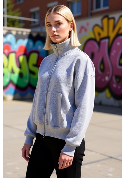 Benerly Kadın Dik Yaka Düşük Kol Fermuarlı Geniş Kalıp Sweatshirt Fonksiy Gri Melanj