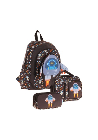 Kaukko Kids Kız Çocuklara Özel Siyah - 3d Roket Detaylı Üçlü Okul Çantası Seti Siyah
