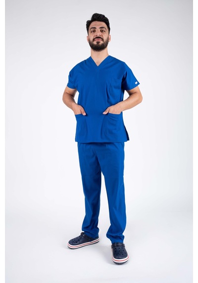 Saks Mavi Erkek Likralı Hemşire Ve Doktor Forması Takımı Scrubs Hastane Üniforması