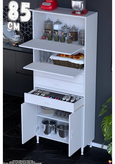Lorin 85 Cm 4 Kapaklı Raflı Çok Amaçlı Mutfak Kiler Ve Depolama Dolabı Beyaz Boy Dolabı-85x194x32 Cm