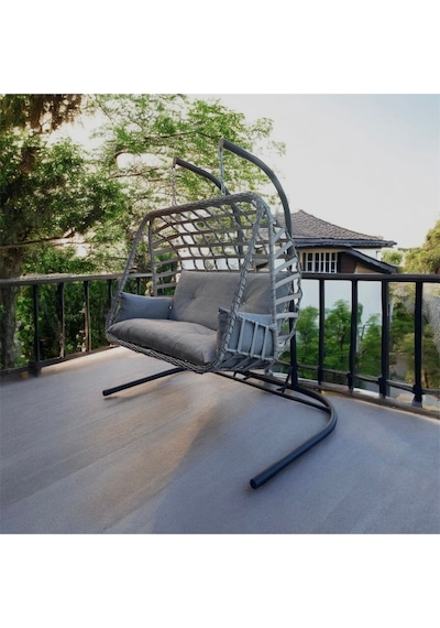 Fyaqa Home Çift Kişilik Rattan Örgü Salıncak , Hamak Gri