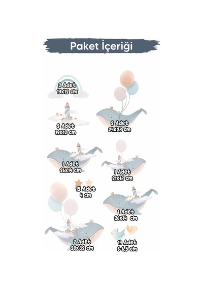 Sevimli Balinalar Deniz Feneri Kuşlar Ve Yıldızlar Çocuk Bebek Odası Dekorasyon Sticker Seti
