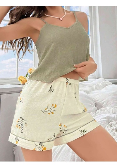 Kadın Ekru Çiçek Baskılı Şortlu Gecelik Pijama Takımı 5099 Beden / Renk: S/m / Ekru Diğer