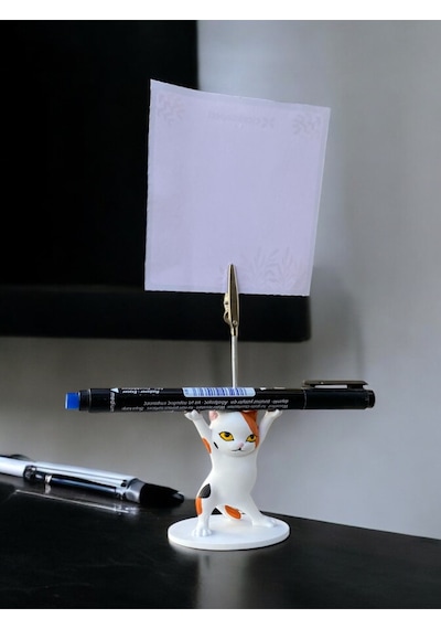 Turuncu Benekli Kalem Tutabilen Dansçı Kedi Fotoğraf Not Tutacağı Ofis Masası Hediyelik Beyaz