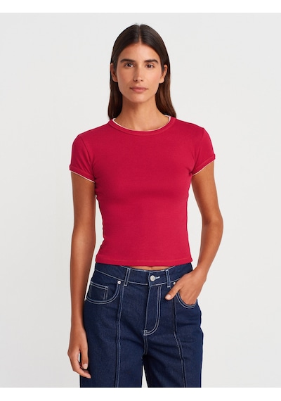 Dilvin 31750 Kontrast Kısa Kollu Tshirt-Koyu Kırmızı