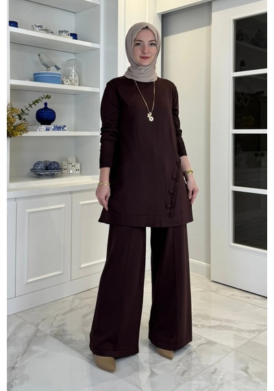 Rabia Şamlı Feryal Pantolonlu Triko Takım Acı Kahve Normal