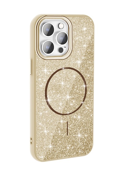 Zore İphone 14 Pro Max Kılıf Magsafe Şarj Özellikli Parlayan Simli Ogaa Okso Kapak - Gold