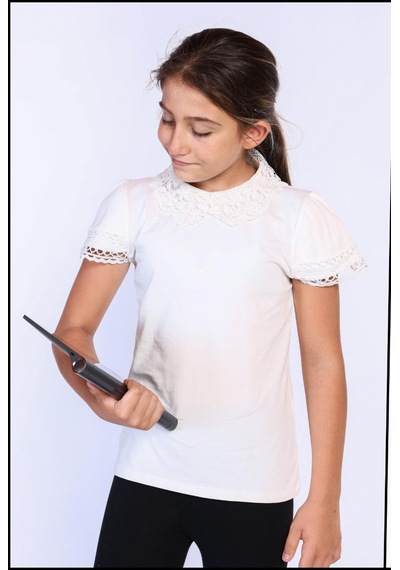Toontoy Kids Toontoy Kız Çocuk Önü Dantelli Okul Tişört 11315 Beyaz