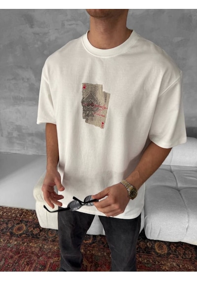 Etiler Collection Erkek Ön Ve Arka Baskılı Oversize Bisiklet Yaka T-shirt - Beyaz