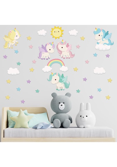 Rengarenk Unicornlar Ve Gökkuşağı Duvar Sticker Seti - Güneş, Yıldızlar Ve Bulutlar Çocuk Odası Dekoratif Çıkartma