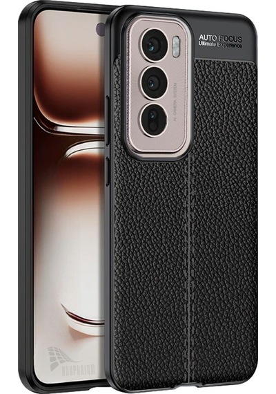 Oppo Reno 12 Uyumlu Silikon Kılıf Deri Desenli Darbe Emici Autofocus Kapak Siyah