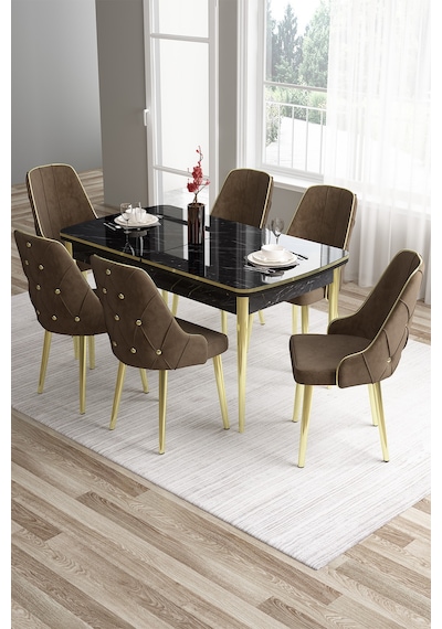 Canisa Concept Tia Serisi 80x132 Mdf Açılabilir Siyah Mermer Desen Gold Detay Masa Takımı Ve 6 Kahverengi Sandalye Masa Siyah Mermer Desen Sandalye Kahve Canisa Concept Tia Serisi 80x132 Mdf Açılabilir Siyah Mermer Desen Gold Detay Masa Takımı Ve 6 Kahverengi Sandalye Masa Siyah Mermer Desen Sandalye Kahve