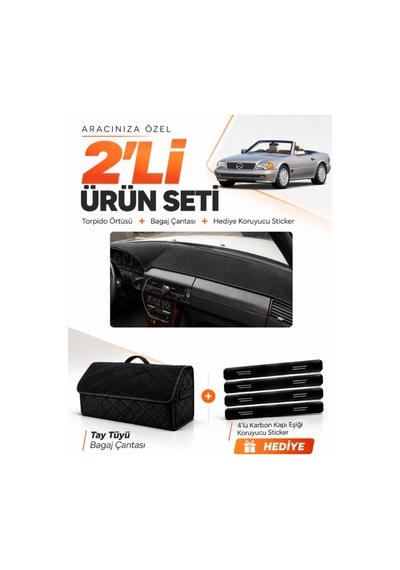 E-biz Mercedes R129 1989-2001 Uyumlu Torpido Örtüsü + Tay Tüyü Bagaj Çantası Seti - Siyah - Mb019