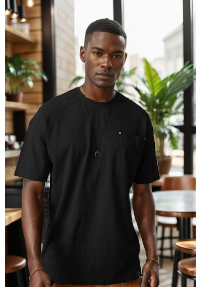 Balenbi Unisex Bisiklet Yaka Oversize Kalıp Penye Tişört 1004 Siyah 3 Siyah