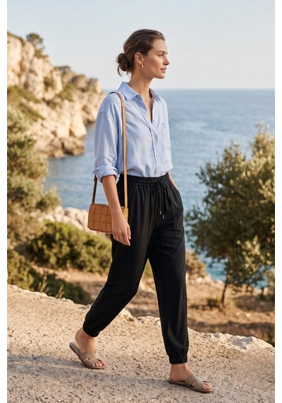 Kadın Siyah Beli Lastikli Jogger Pantolon Cepli Bağcıklı Rahat Kesim Spor Casual Yazlık Pantolon