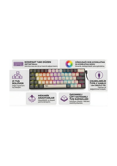 Rgb Gaming Klavye Kablolu Mekanik Hot Swap 61 Tuşlu Double Shot Örgü Kablo Oyuncu Klavyesi - Dar Masa, Ofiste, Kolay Taşınabilir