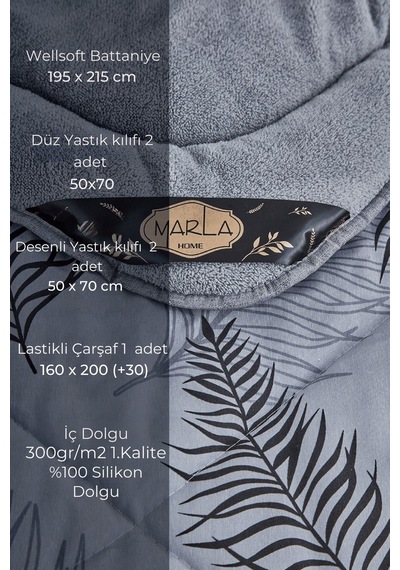 Palm Desenli Çift Kişilik Çift Taraflı Wellsoft Uyku Seti - Gri - 195x215 Gri Palm