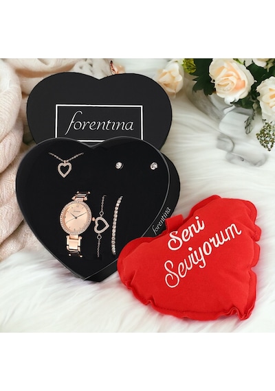 Forentina Rose Kalpli Kolye Küpe Bileklik Saat Kalpli Yastık Hediye Set Ps3411 Çok Renkli