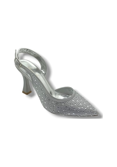 Mengi 688-26 Simli Saten Taşlı İnce Topuk Kadın Stiletto GÜMÜŞ