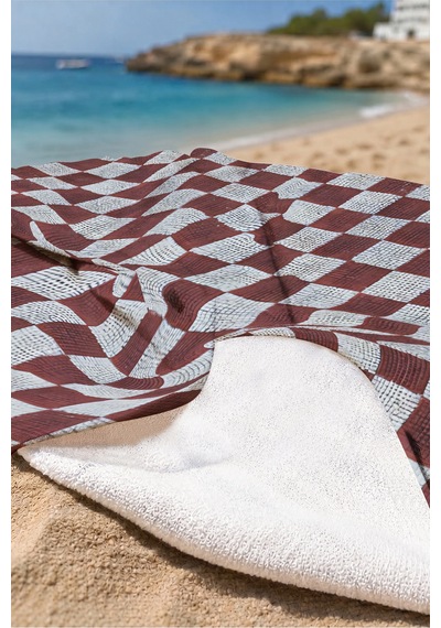 Damalı Kare Desenli Bohem Plaj Havlusu - Modern Bordo Gri Havuz Deniz Hızlı Kuruyan Mikrofiber Havlu Çiy Şafak