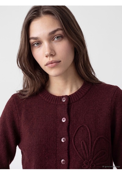 Lcw Modest Bordo Bisiklet Yaka Çiçek Nakışlı Kadın Triko Hırka