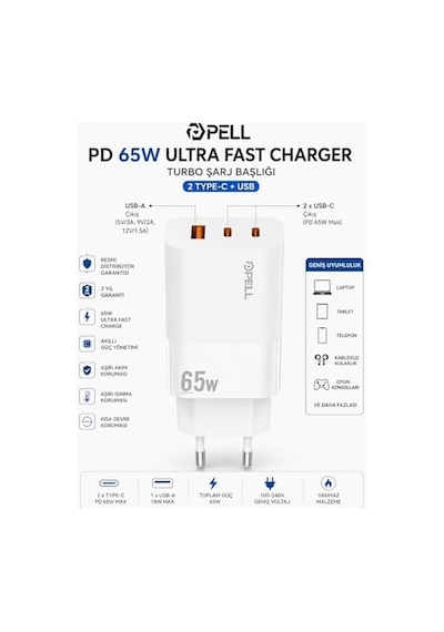Pell 65w Pd Ultra Hızlı Şarj Başlığı, 2x Usb-c + Usb-a, Akıllı Güç Yönetimi, Laptop Ve Telefon İle Uyumlu