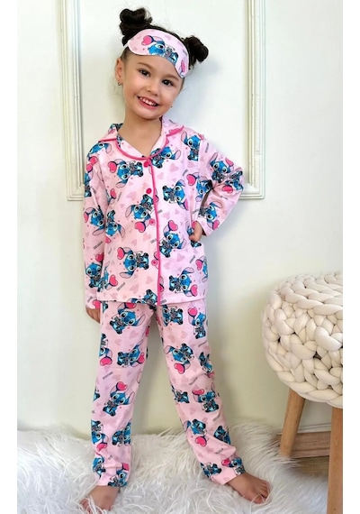 Lillypicca Kız Çocuk Desenli Pamuklu Önden Düğmeli Göz Bantlı Uzun Kol Pijama Takımı 9023 Pembe