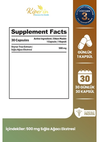 Kiperin Sığla | Sığla Ağacı Ekstresi | Mide ve Sindirim Desteği | 500mg | 30 Kapsül