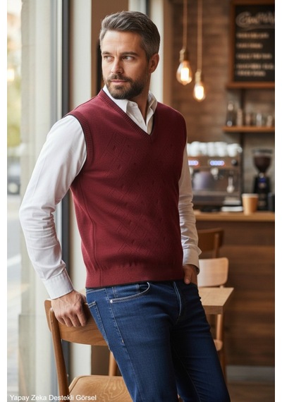 Kamalı Erkek Bordo Tüylenme Yapmayan Anti Pilling Kumaş Standart Fit Normal Kesim V Yaka Triko Süveter