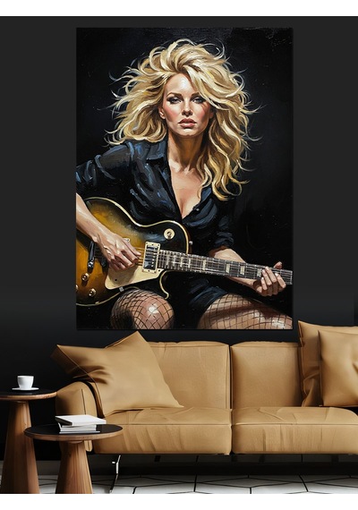 Ahşap Tablo Gitar Çalan Rockçı Kadın