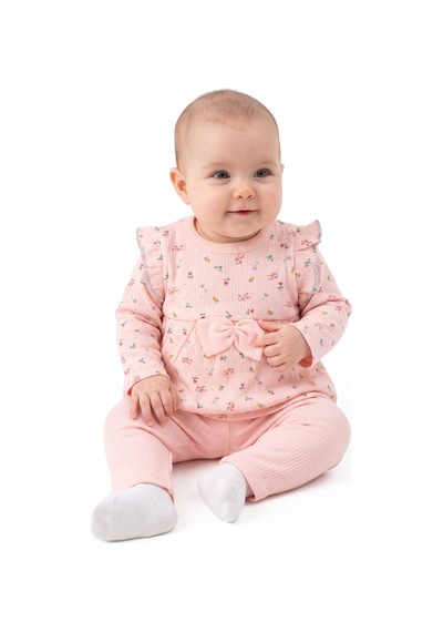 By Bebekodam Kız Bebek Somon Renkli Minik Çiçek Desenli Fırfırlı Pijama Takımı
