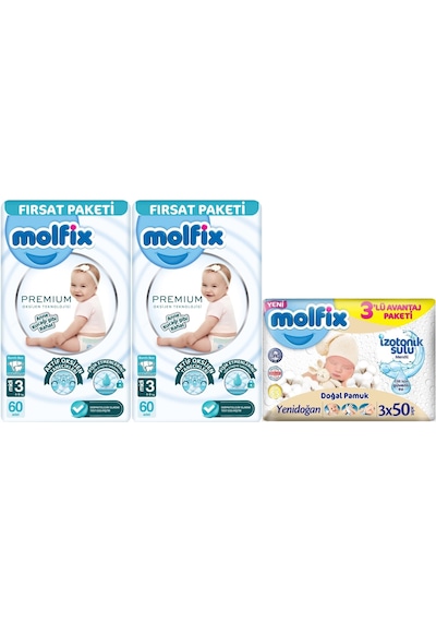 Molfix Premium Bebek Bezi Beden:3 4-9kg Midi 120 Adet +3 Adet Islak Mendil 2'li