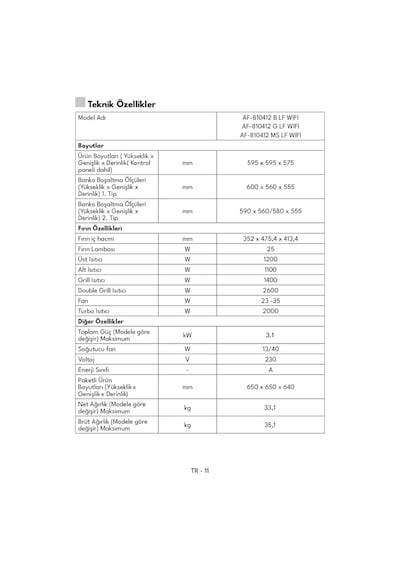 Vestel AF-810412 B LF Wifi 70 L Ankastre Fırın
