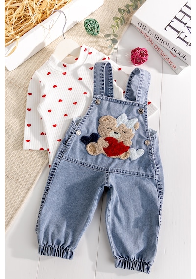 Babymod Ayıcık Figürlü Denim 2'li Kız Bebek Kot Salopet Tulum Mavi