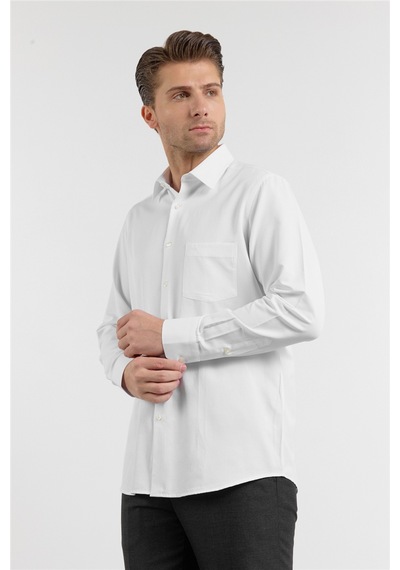 İmza Beyaz Kendinden Desenli Sert Yaka Uzun Kol Cepli Comfort Fit Pamuklu Gömlek 1004255269