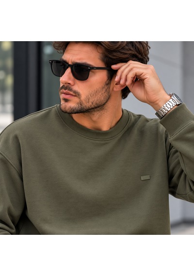 Erkek Modal Kumaş Bisiklet Yaka Sweatshirt Şık Tasarım, Tam Kalıp Haki