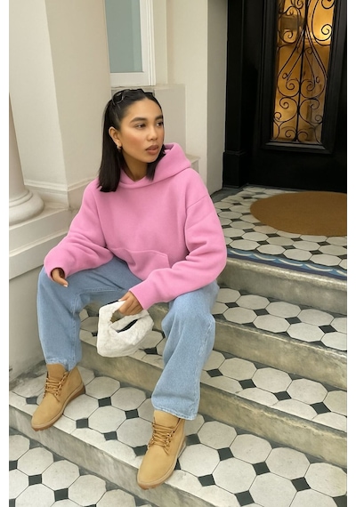 Benroma Baskısız Düz Ünisex Kapüşonlu Sweatshırt Pembe