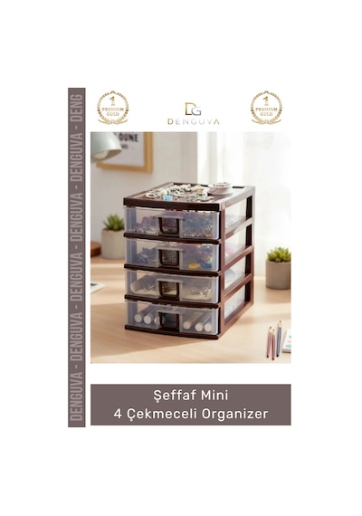 Çekmece Masaüstü Ofis Ev Tipi Takı Makyaj Kırtasiye Hobi Şeffaf Plastik Mini 4 Çekmeceli Organizer Çok Renkli