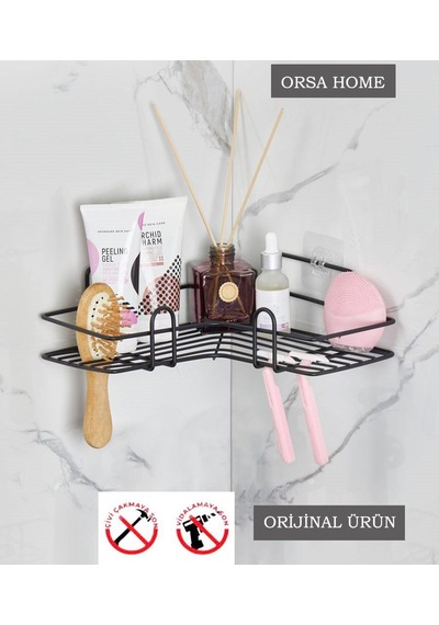 Orsa Home Tekli Geniş L Tasarım Güçlü Magic Yapışkanlı Siyah Banyo Köşe Rafı 997 Siyah